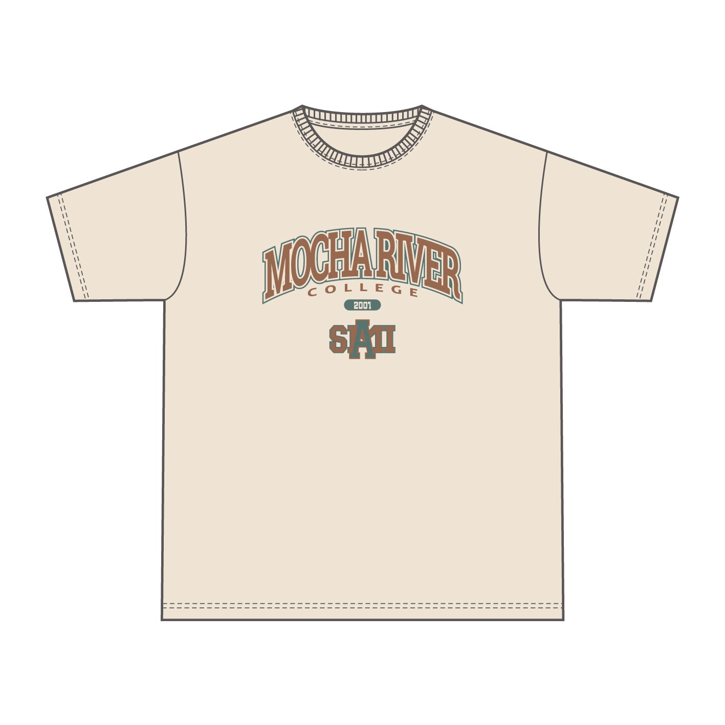 MOCHA RIVER College Logo T-shirt　VINTAGE NATURAL
