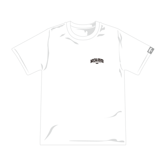 MOCHA RIVER College Logo Under Construction T-shirt　WHITE